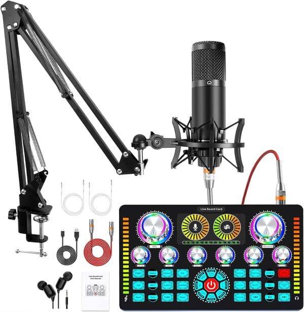 Xisono Paquete de equipo de podcast, interfaz de audio y micrófono de condensador XLR